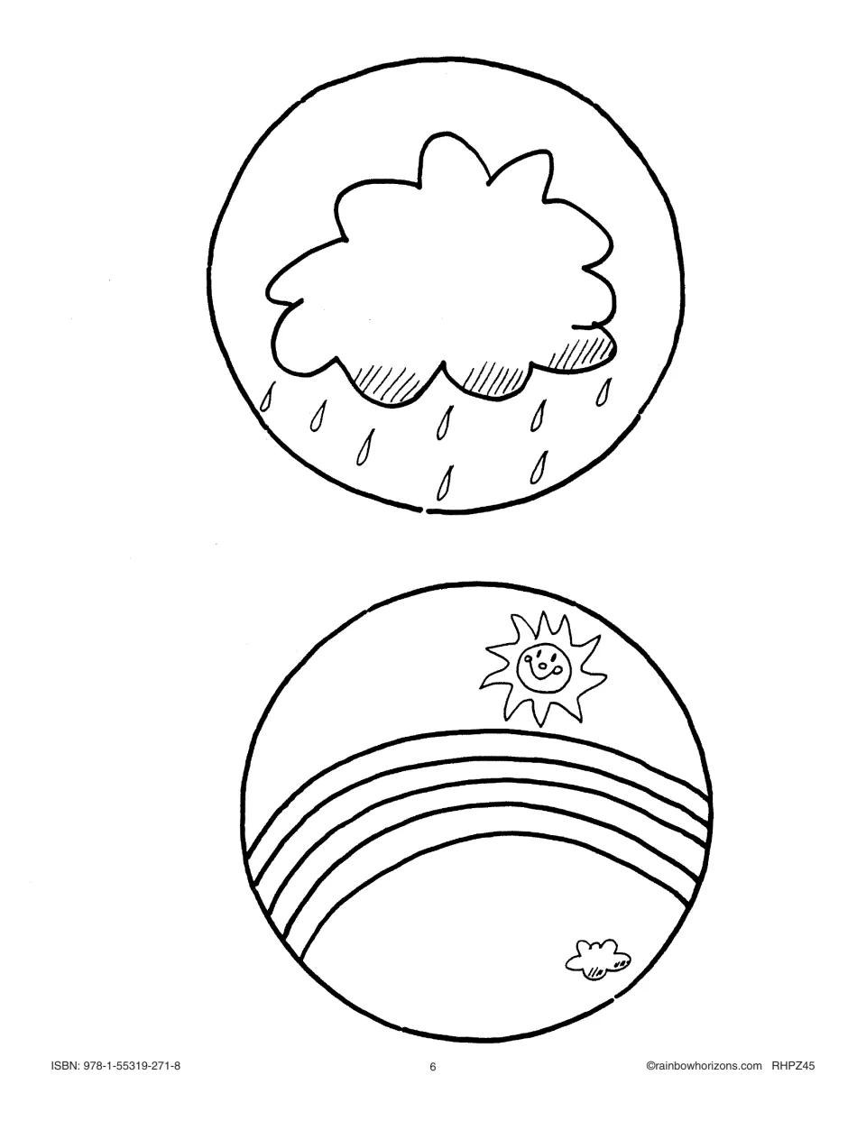 Weather sequence pictures to color and cut out: a rain cloud and a rainbow with the sun