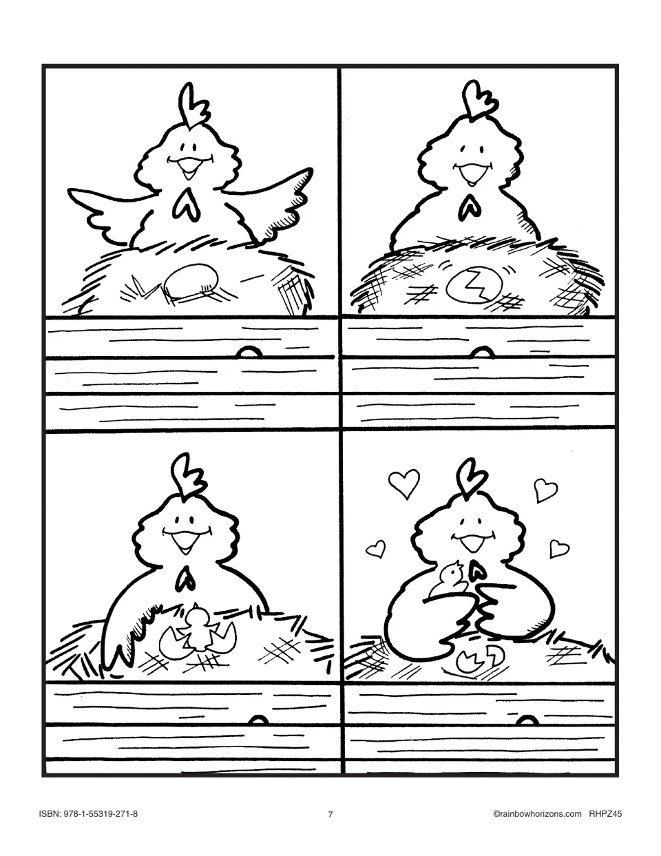 Hen sequence pictures to color and cut out: hen on her egg, egg cracking, chick hatching, hen hugging her chick