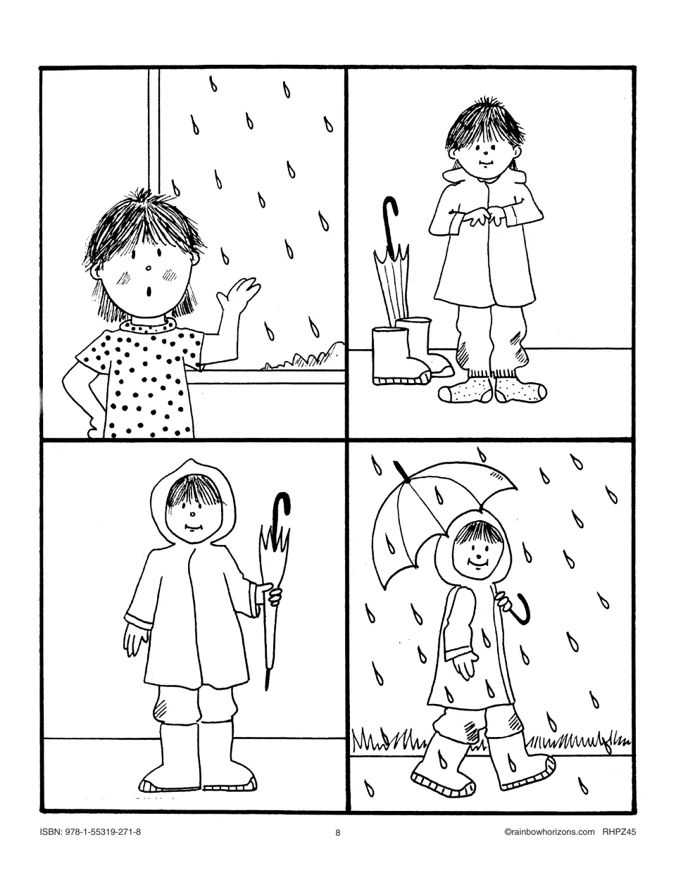 Rainy day sequence pictures: a child sees rain, puts on a raincoat and boots, then walks out under an umbrella