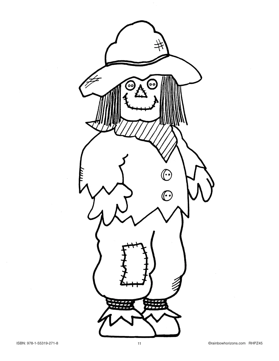 Scarecrow pattern with a hat, scarf and patched pants, to copy in two sets for the matching activity