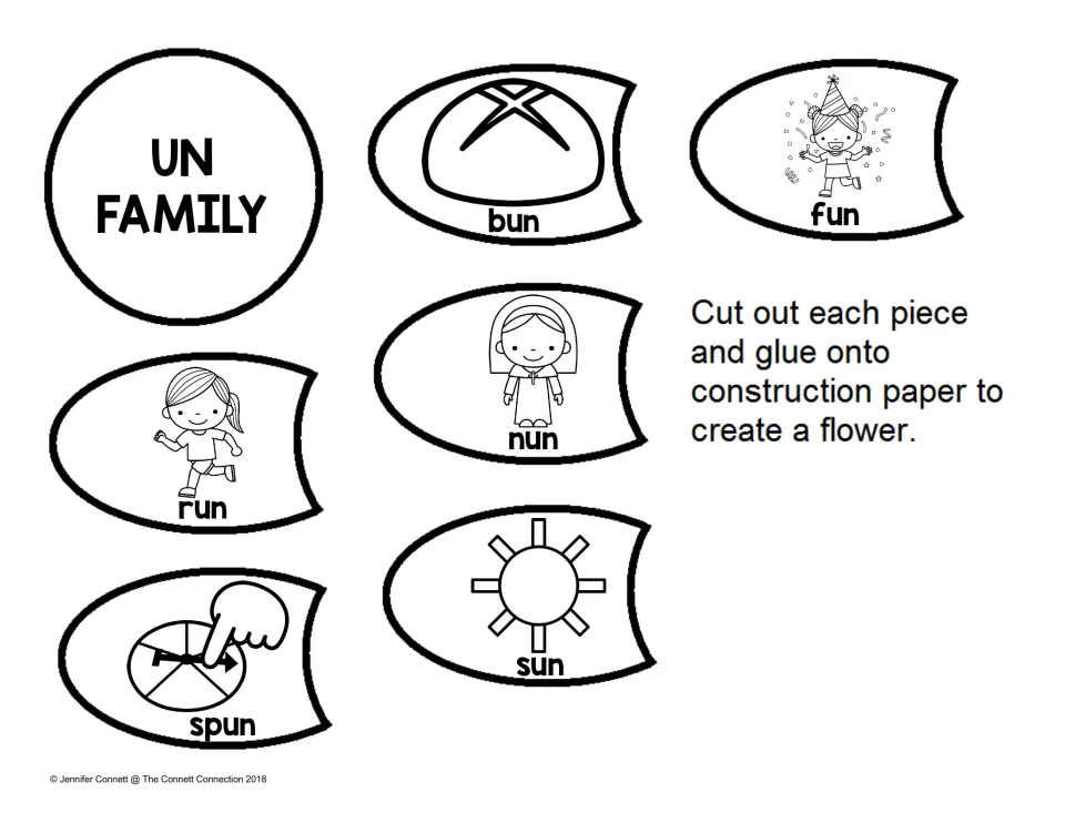 UN family flower: students cut out petals labeled bun, fun, nun, run, sun, spun with pictures and glue them to a center
