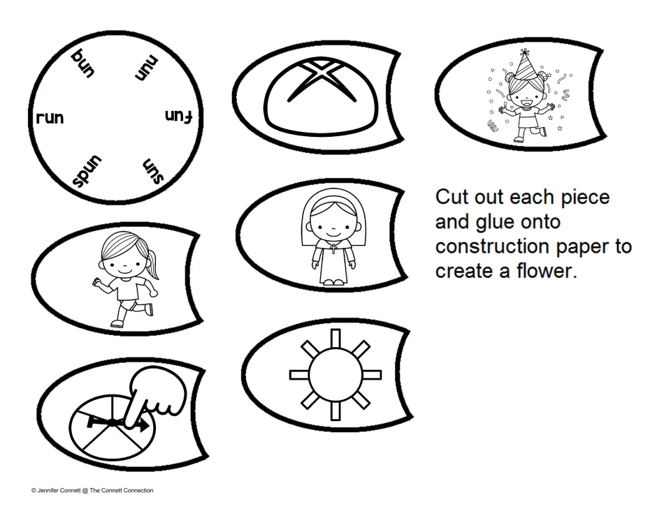 -un words in the center: bun, nun, fun, sun, spun, run; students cut out picture-only petals and glue each by its word