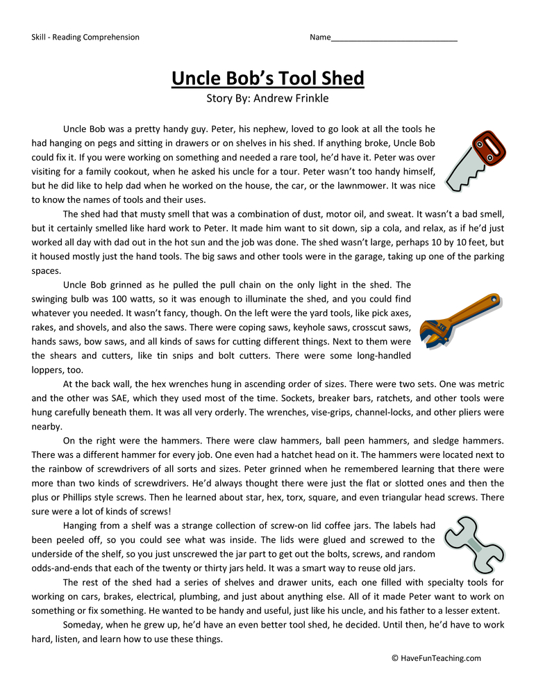 Uncle Bob's Tool Shed Reading Comprehension Worksheet teaching resource preview