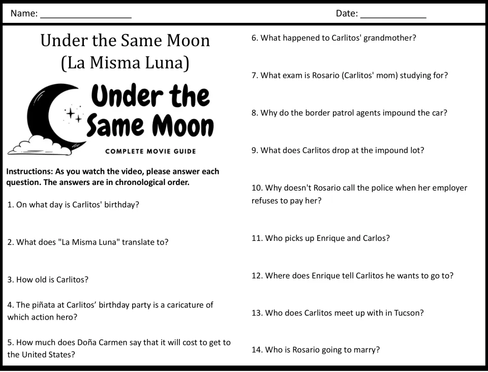 La Misma Luna viewing questions 1 to 14: students answer in chronological order about Carlitos, Rosario and Doña Carmen