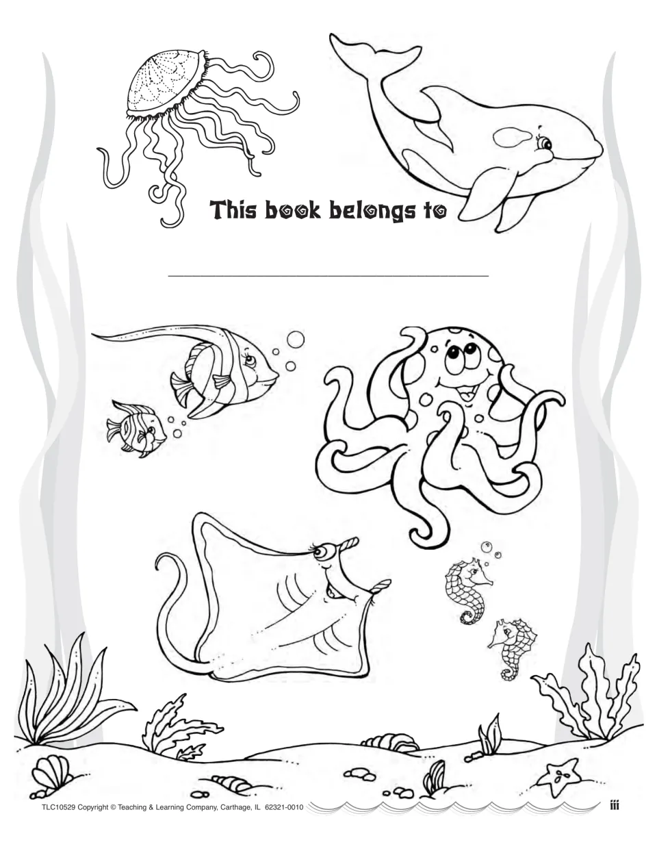 'This book belongs to' page: students write their name; outline art of a jellyfish, orca, fish, octopus, ray, seahorses
