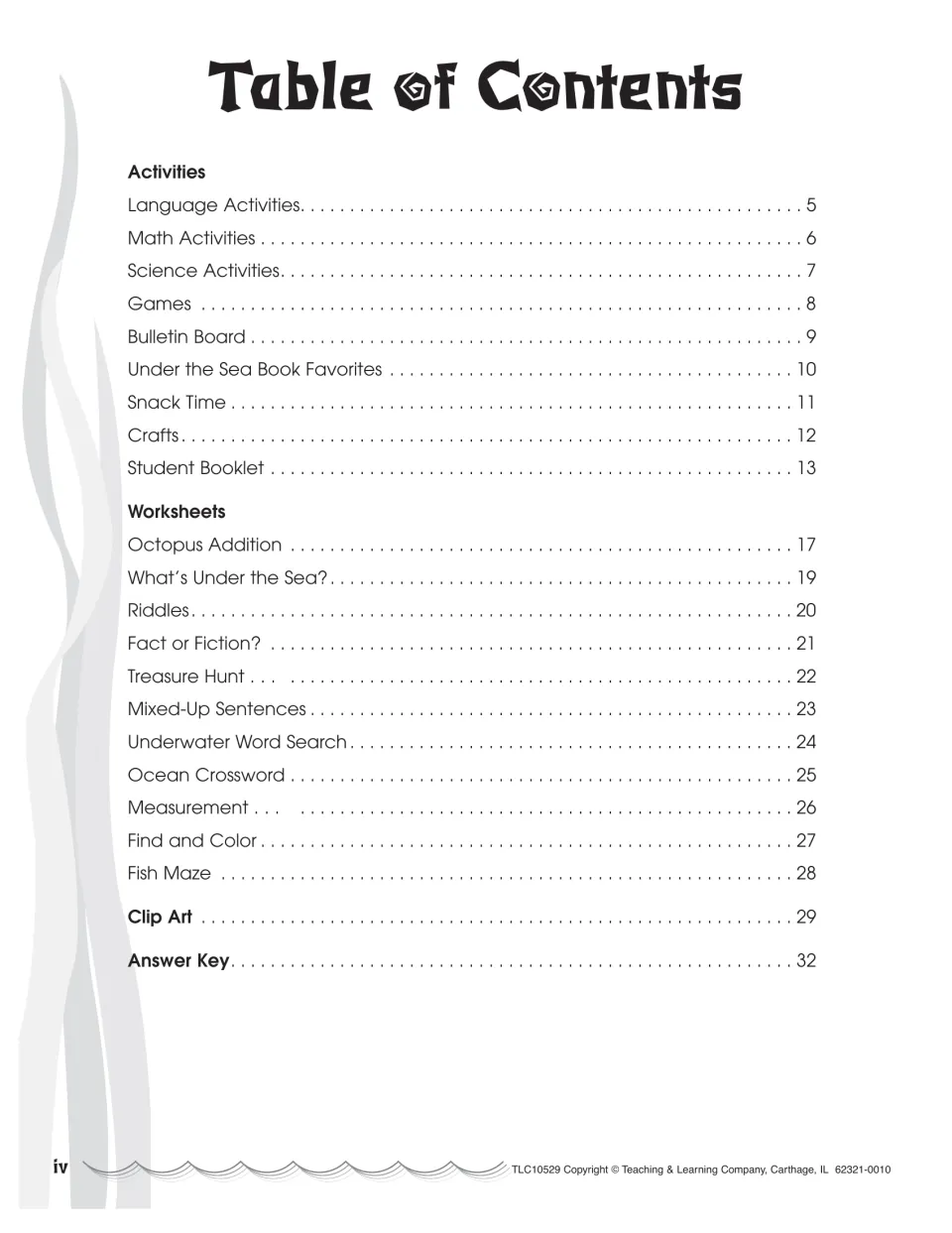 Table of contents listing activity sections, worksheets such as Octopus Addition and Fish Maze, clip art and answer key