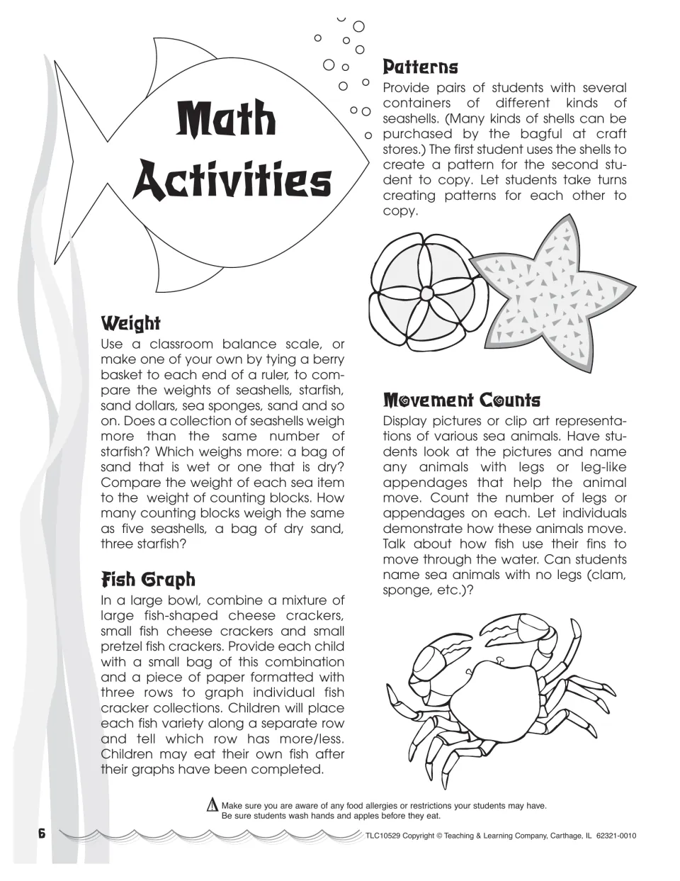 Math activities: copying seashell patterns, weighing sea items on a balance, graphing fish crackers, counting animal legs