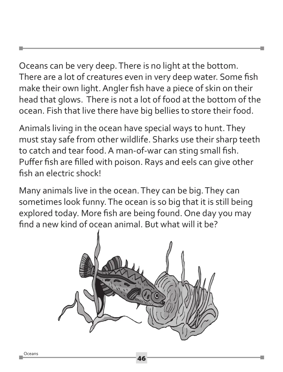 Reading passage, part 2: deep-ocean life, glowing angler fish, animal defenses, and ocean exploration.