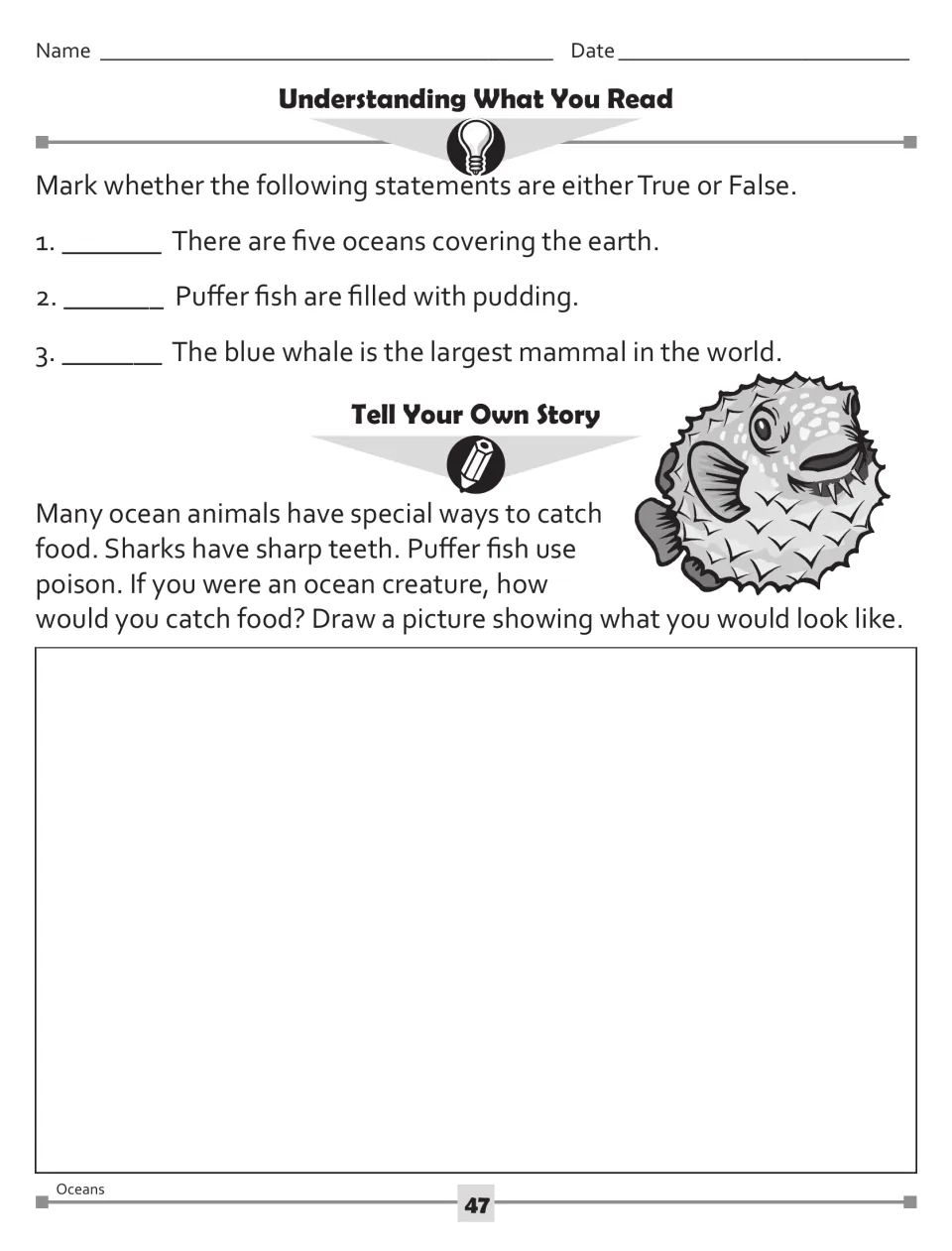 Reading response activities: three true-or-false statements and a prompt to draw yourself as an ocean creature.