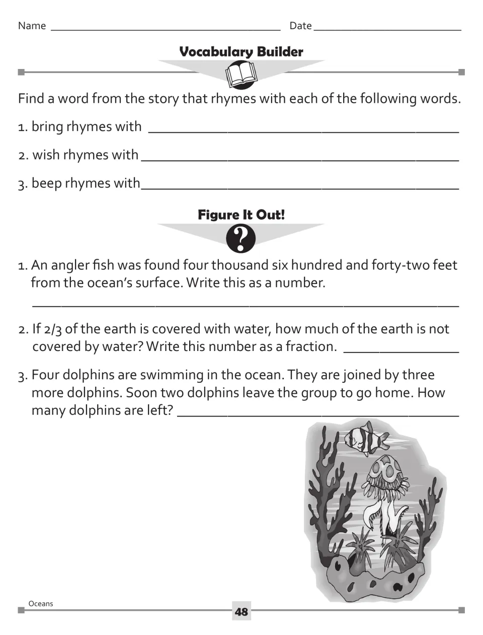 Vocabulary and math activities: rhyme with bring, wish, and beep; write a number, a fraction, and a dolphin total.