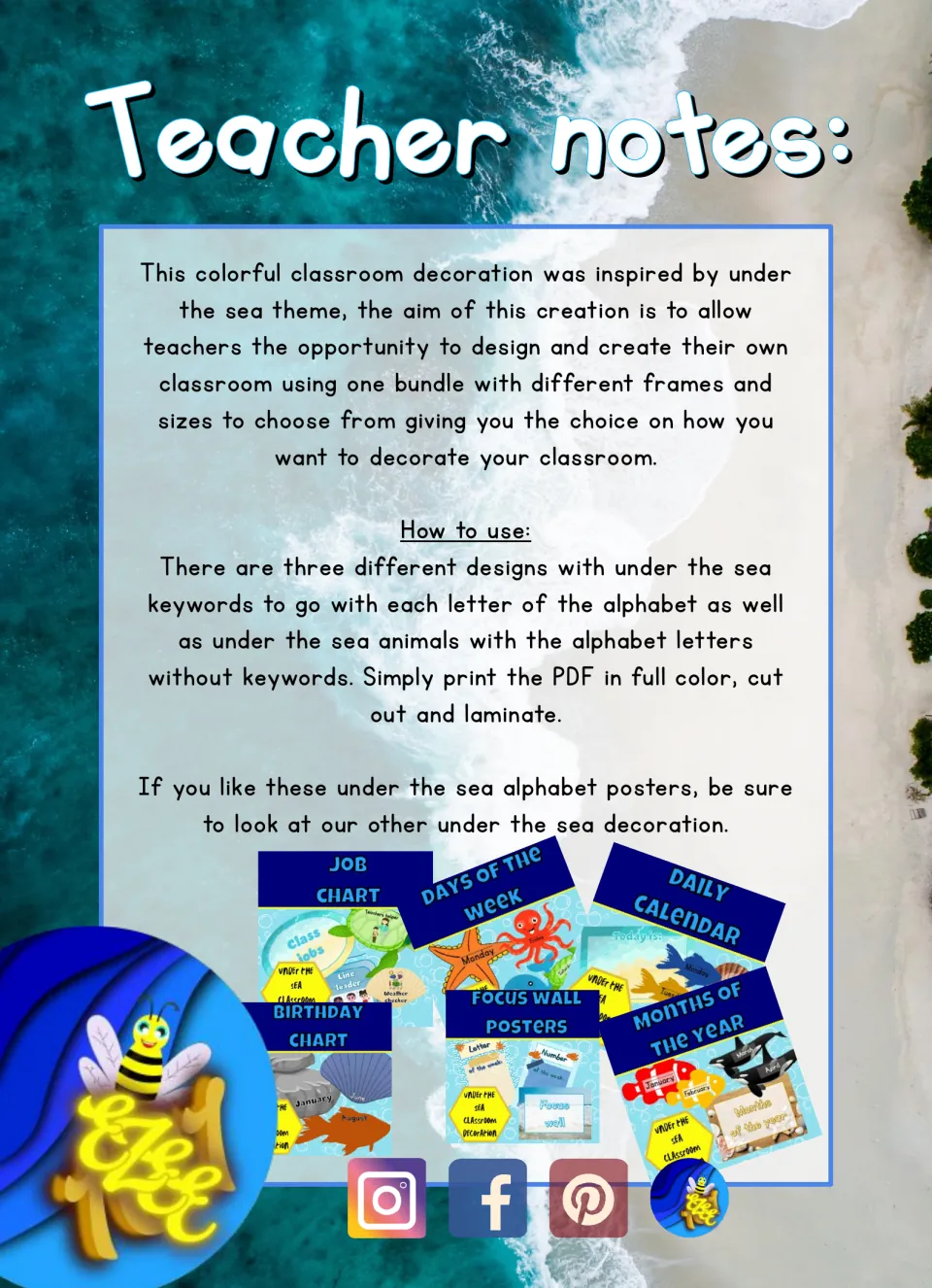 Teacher notes for the alphabet posters describe three designs and directions to print, cut, and laminate