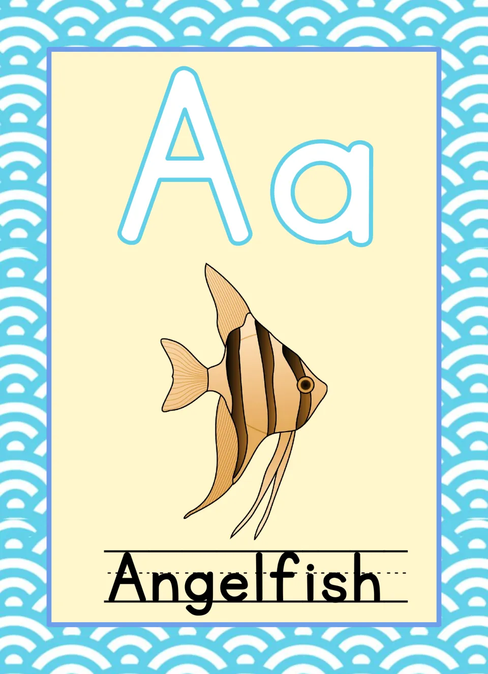 Ocean-themed alphabet poster for A, pairing uppercase A and lowercase a with an angelfish labeled “Angelfish”