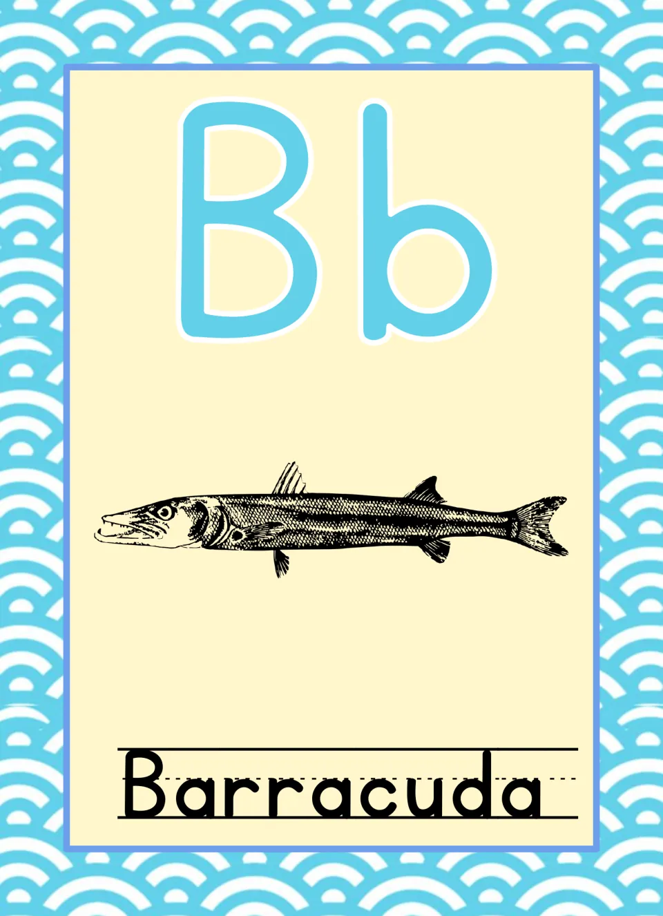 Ocean-themed alphabet poster for B, pairing uppercase B and lowercase b with a fish labeled “Barracuda”