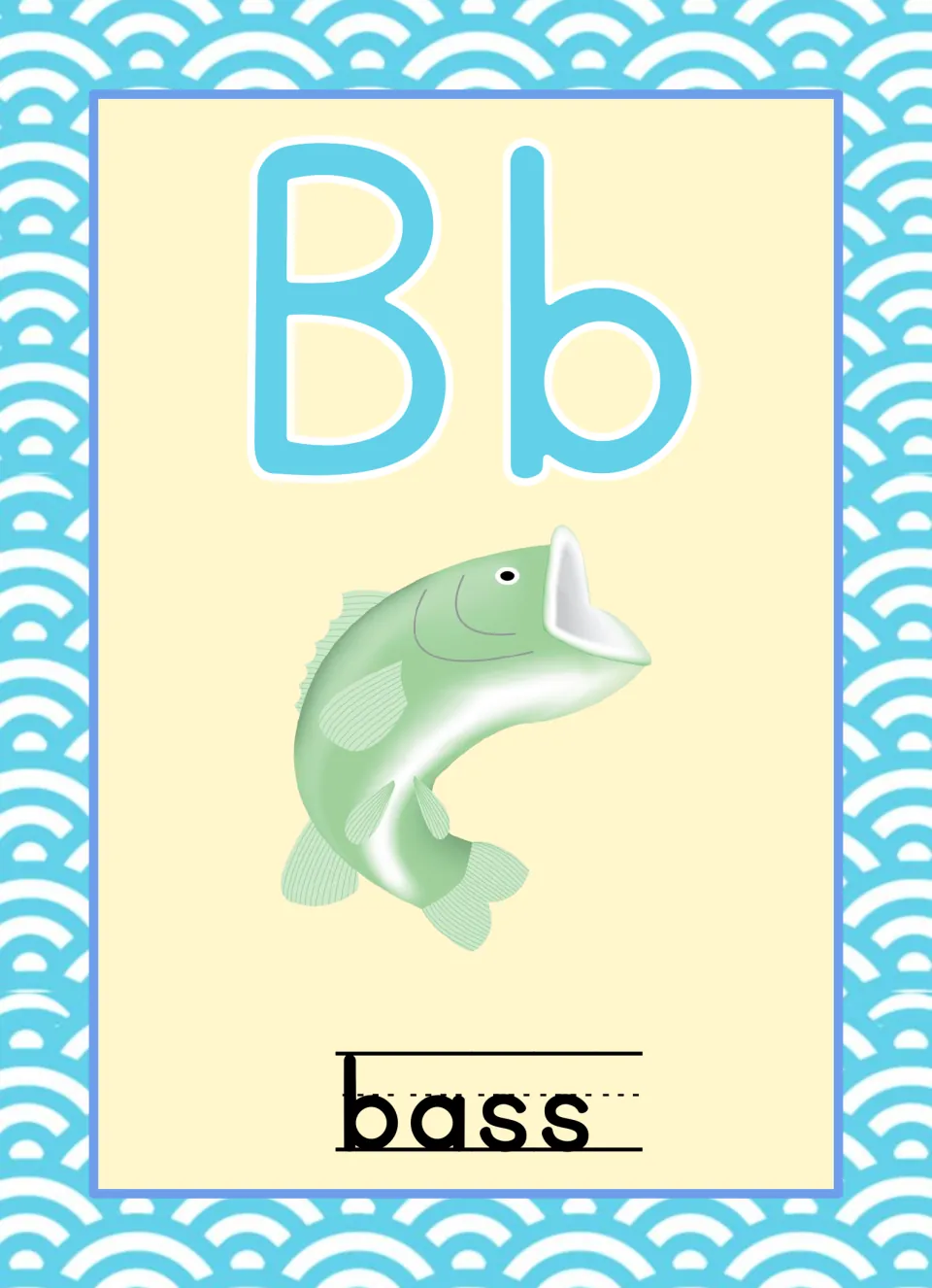 Ocean-themed alphabet poster for B, pairing uppercase B and lowercase b with a green fish labeled “bass”