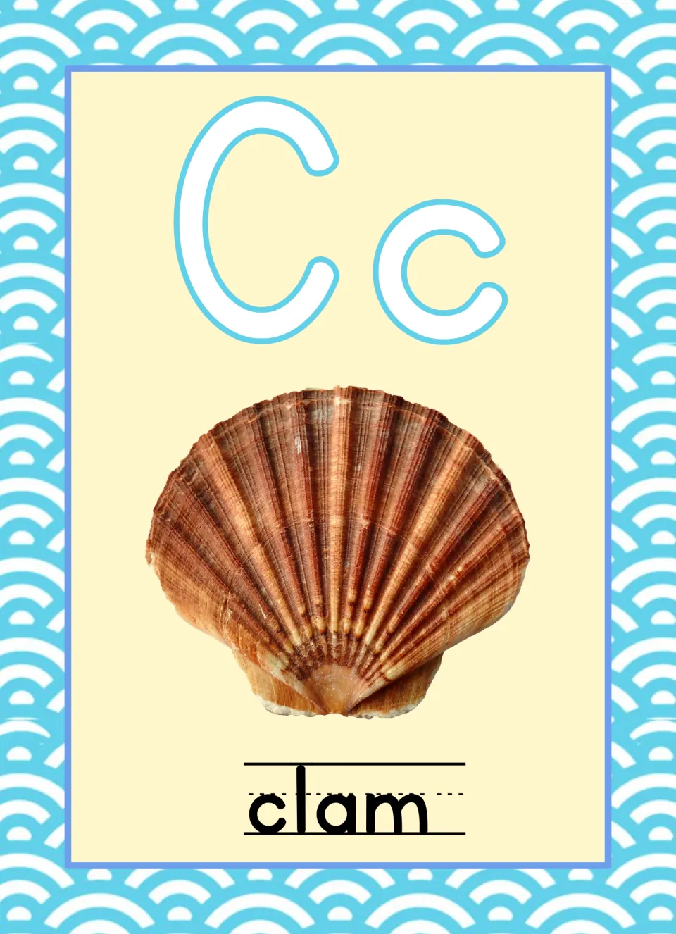 Ocean-themed alphabet poster for C, pairing uppercase C and lowercase c with a shell picture labeled “clam”