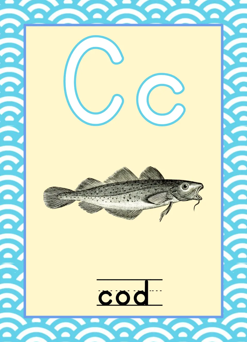 Ocean-themed alphabet poster for C, pairing uppercase C and lowercase c with a fish illustration labeled “cod”