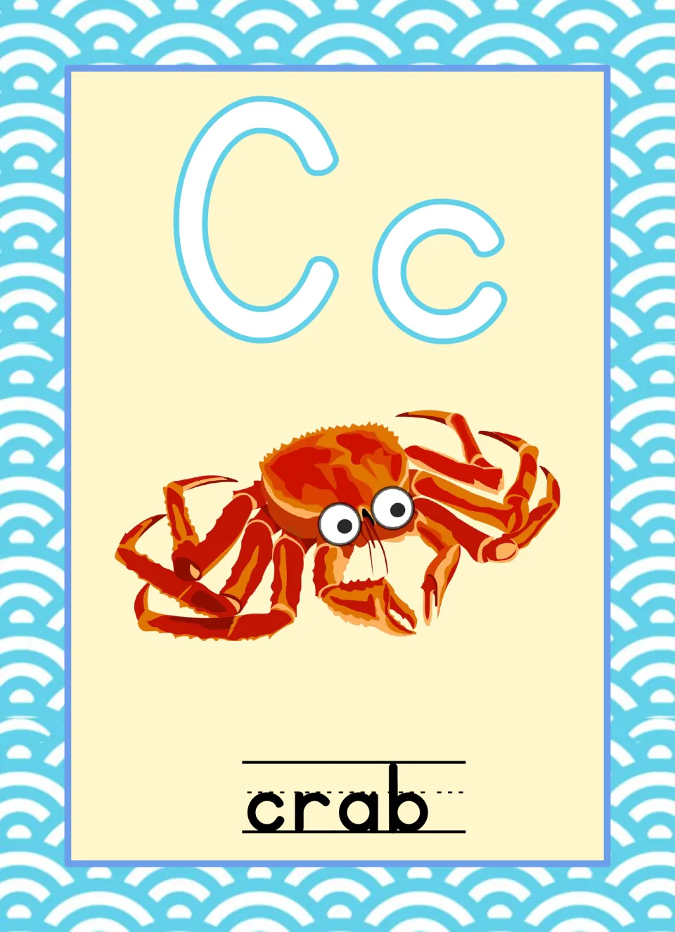 Ocean-themed alphabet poster for C, pairing uppercase C and lowercase c with an orange crab labeled “crab”
