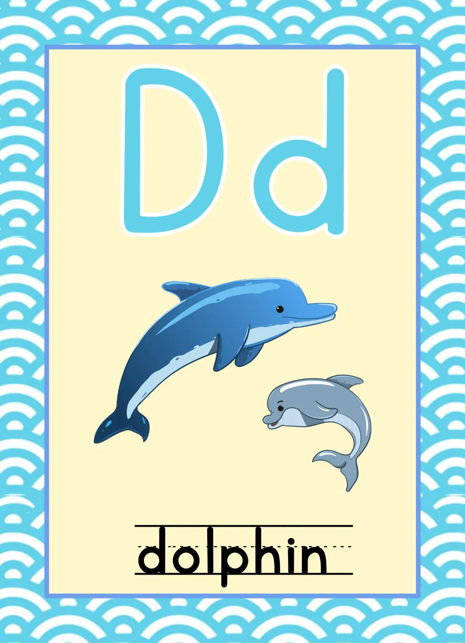 Ocean-themed alphabet poster for D, pairing uppercase D and lowercase d with two dolphins labeled “dolphin”