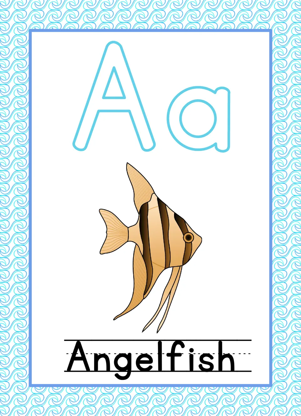 Letter A poster: outlined uppercase and lowercase Aa above a striped angelfish and the word Angelfish on handwriting lines