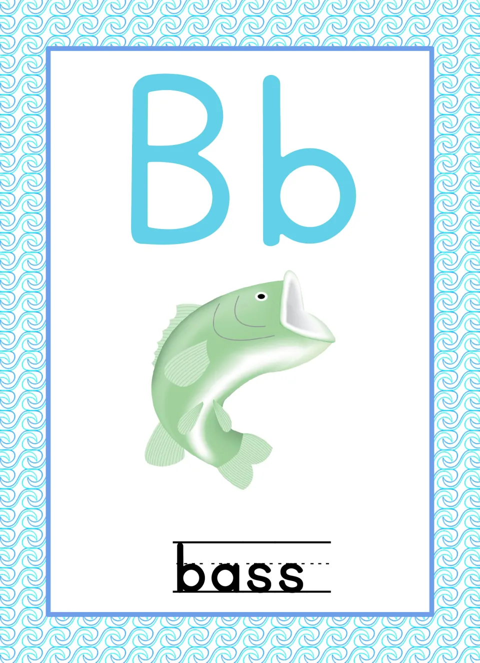 Letter B poster featuring a leaping green bass under a large Bb, with the keyword bass in lowercase on writing lines