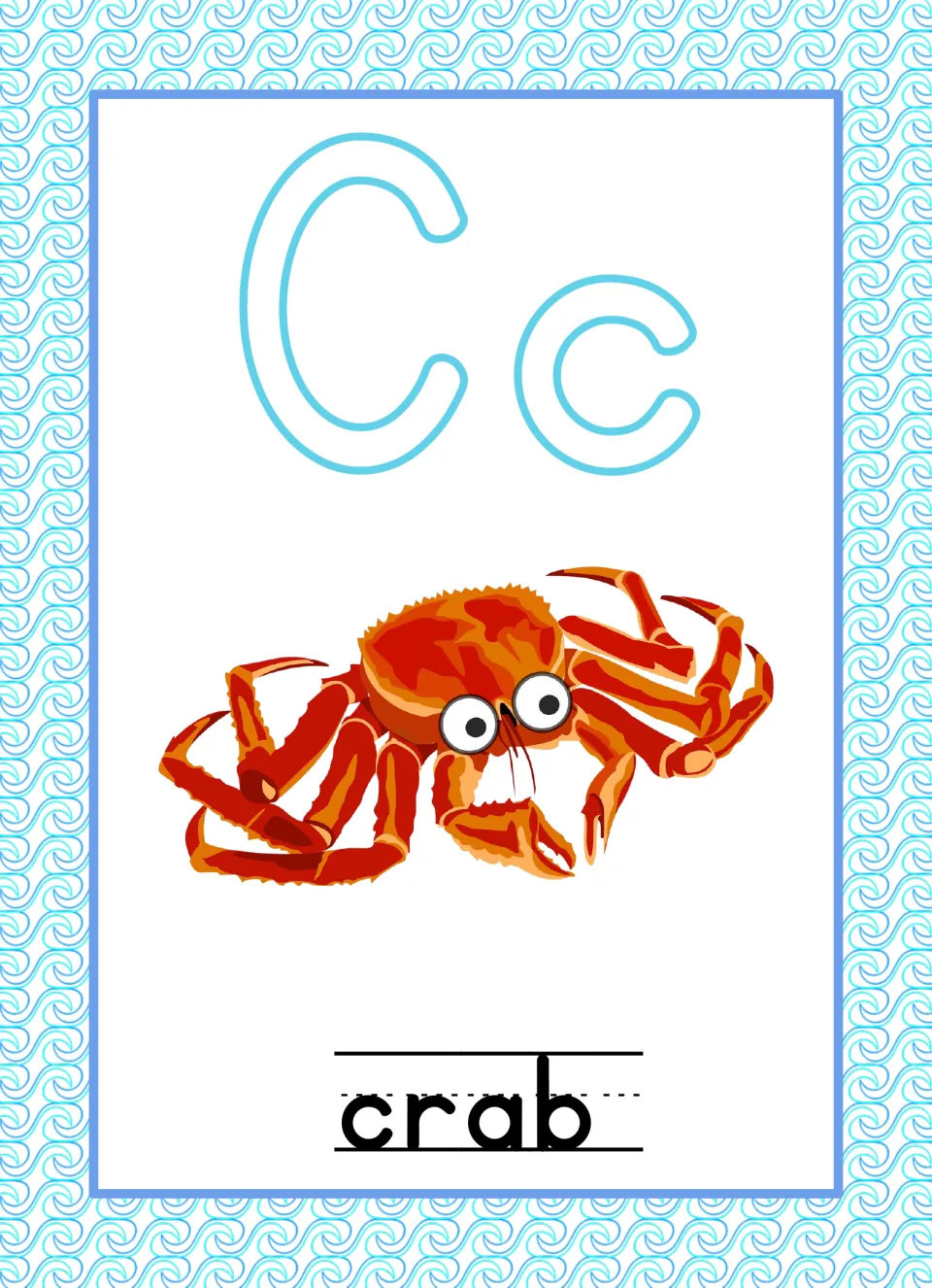 Letter C poster showing an orange-red crab with googly eyes under an outlined Cc and the keyword crab on writing lines