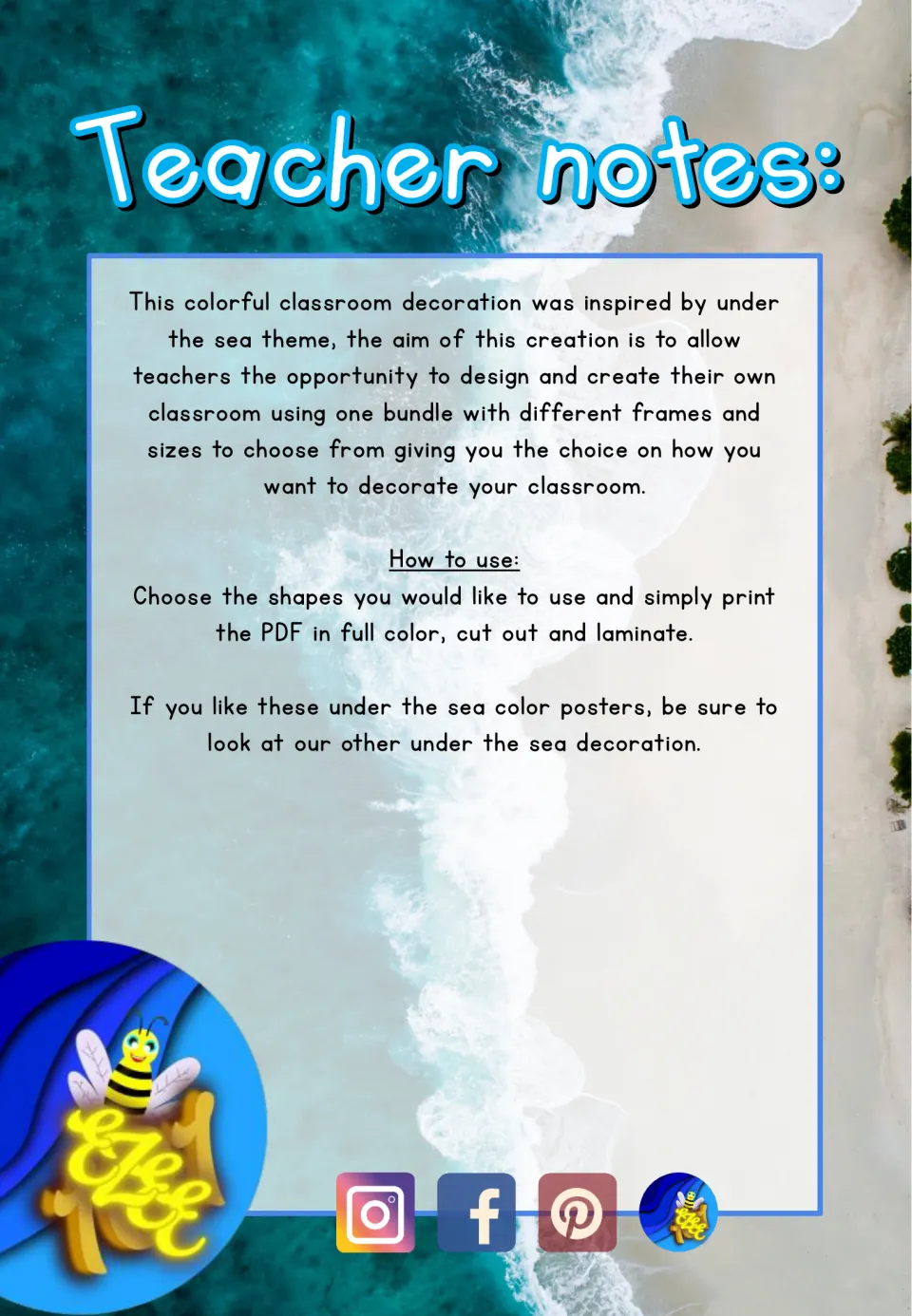 Teacher notes for the color poster set explain choosing shapes, printing the PDF in color, cutting, and laminating