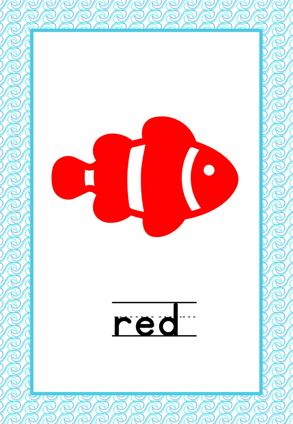 Red color poster from the under-the-sea classroom set, featuring a red fish and the lowercase word 'red'