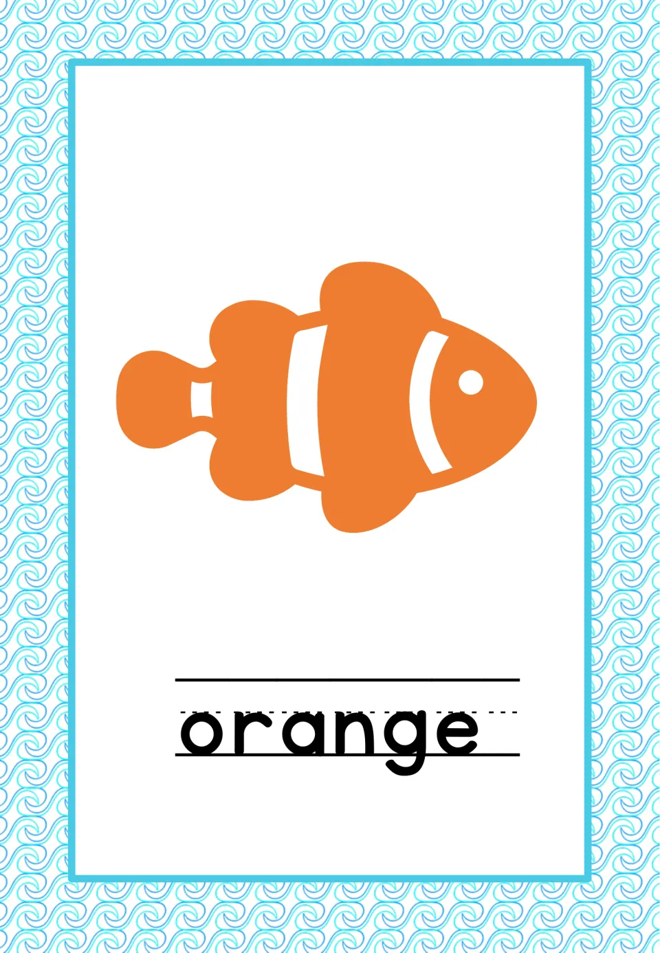 Orange color poster from the under-the-sea classroom set, featuring an orange fish and the word 'orange'