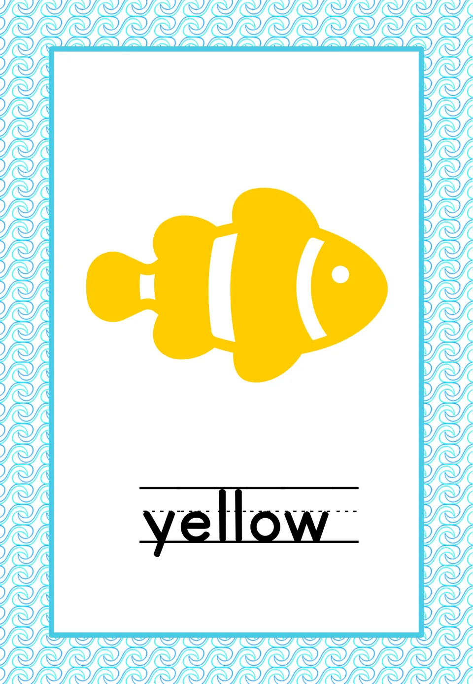 Yellow color poster from the under-the-sea classroom set, featuring a yellow fish and the word 'yellow'
