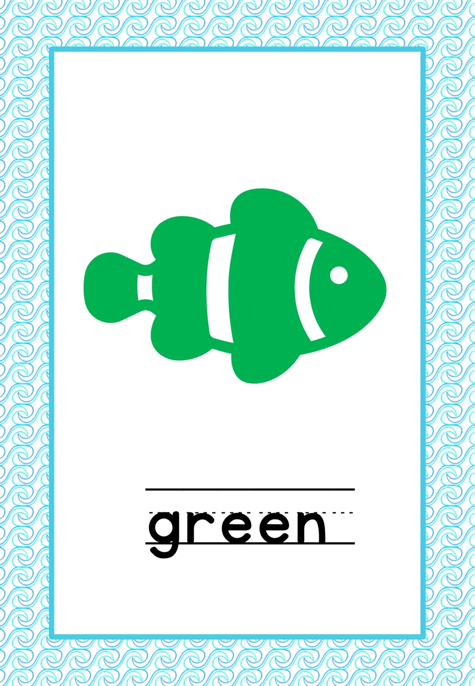 Green color poster from the under-the-sea classroom set, featuring a green fish and the lowercase word 'green'