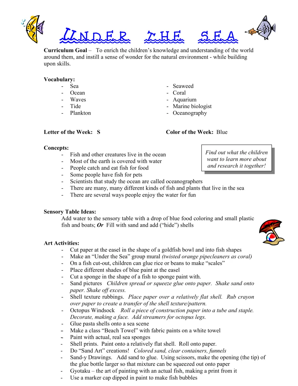 Curriculum opening: ocean vocabulary, letter S, color blue, concepts, sensory table ideas, and art activities