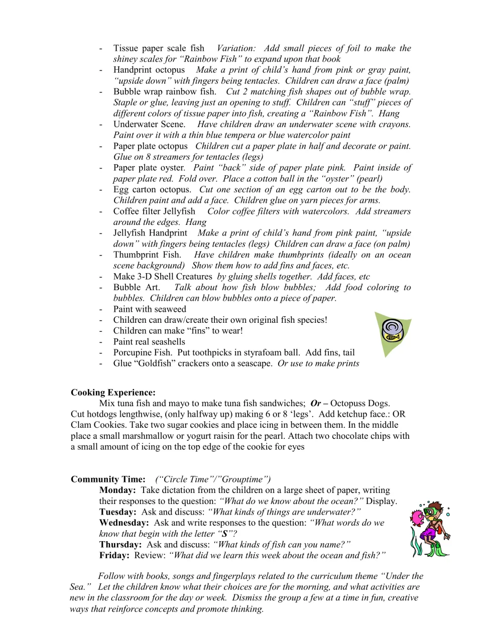 Activity guide continuation: fish and jellyfish crafts, ocean-themed foods, and daily circle time prompts