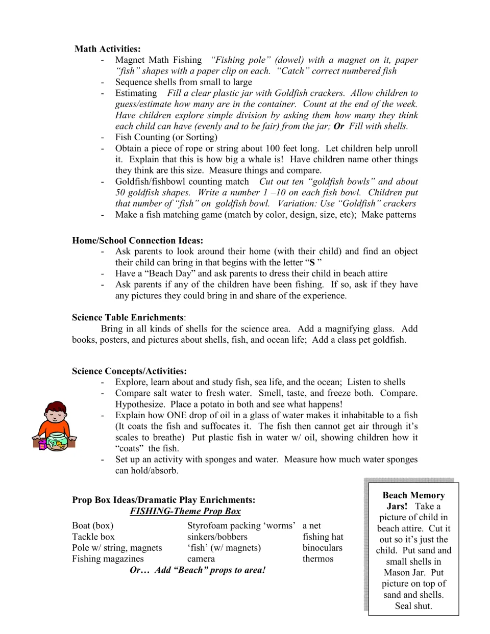 Curriculum activities for fish counting, shell sequencing, water experiments, and a fishing dramatic play area