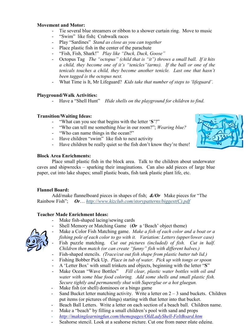 Classroom enrichment ideas: fish movement games, a shell hunt, transition prompts, blocks, and matching games