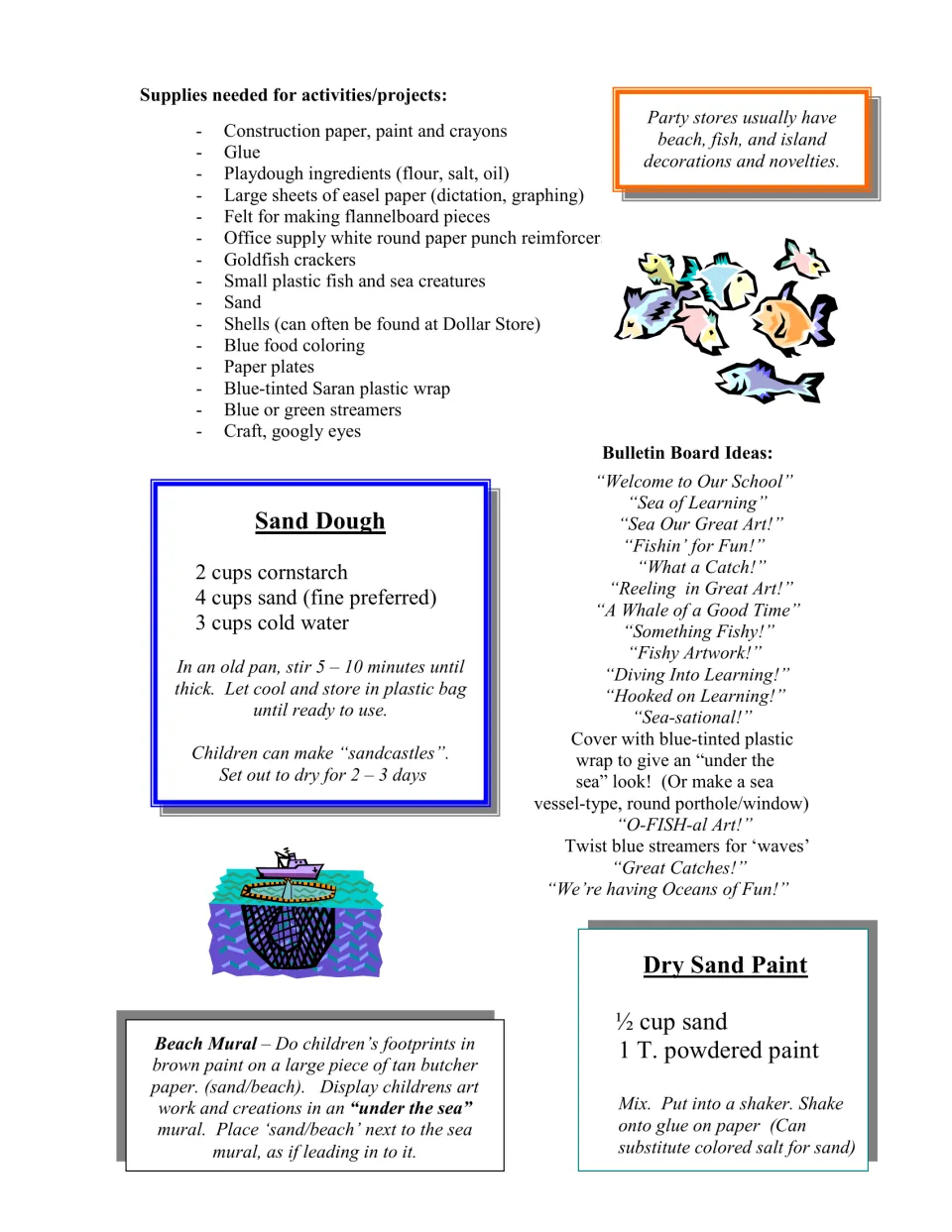 Teacher planning page lists project supplies, bulletin board ideas, sand dough, and dry sand paint recipes