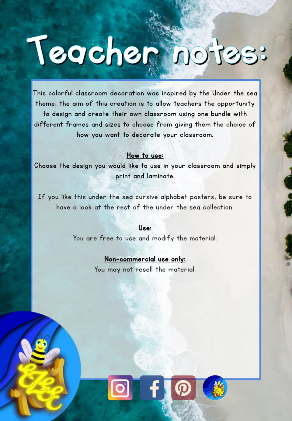 Teacher notes on the ocean decor set: pick a design, print and laminate; free to use and modify, non-commercial use only