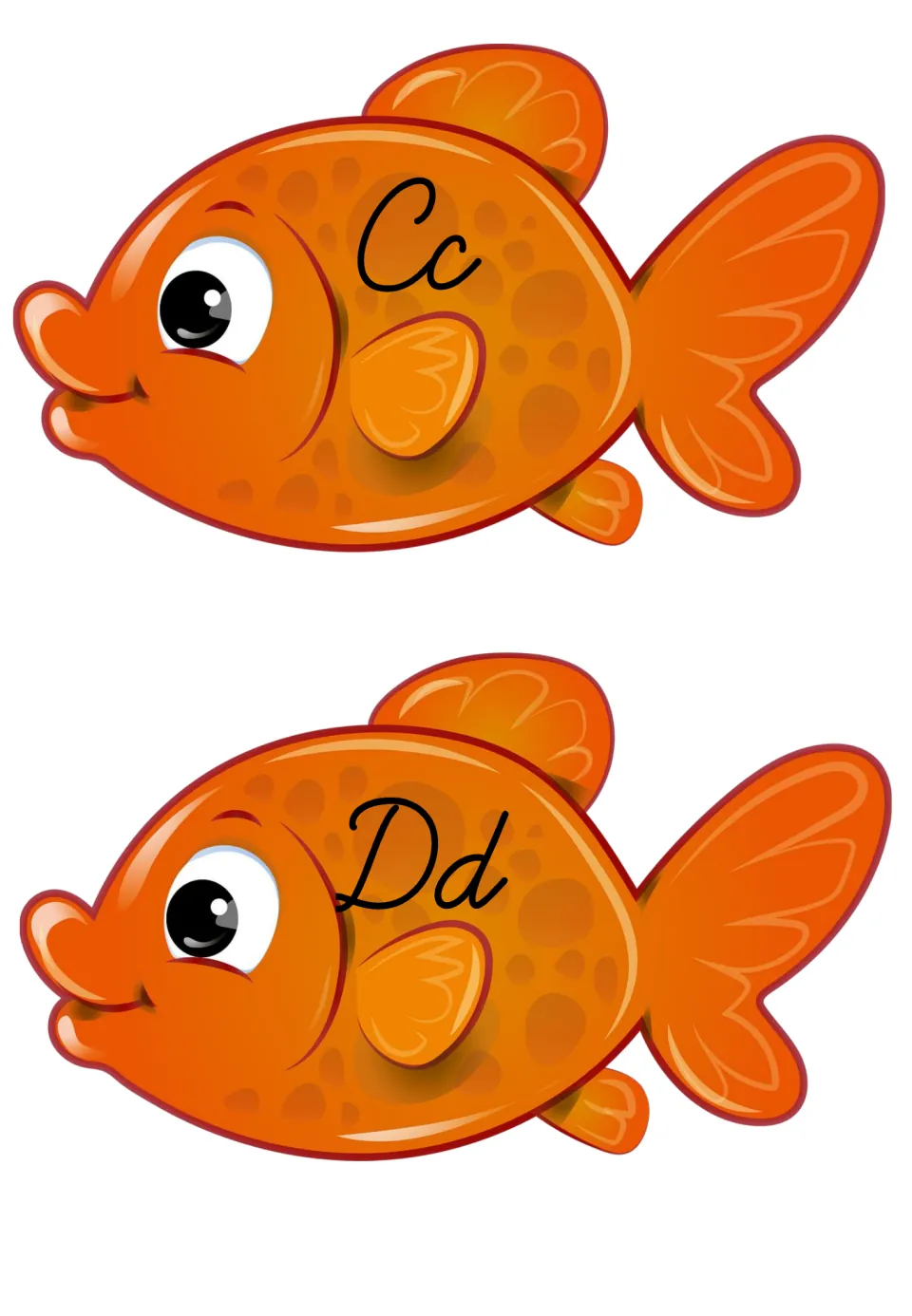 Cursive Cc and Dd on two orange goldfish cards, showing each capital beside its lowercase letter for handwriting reference