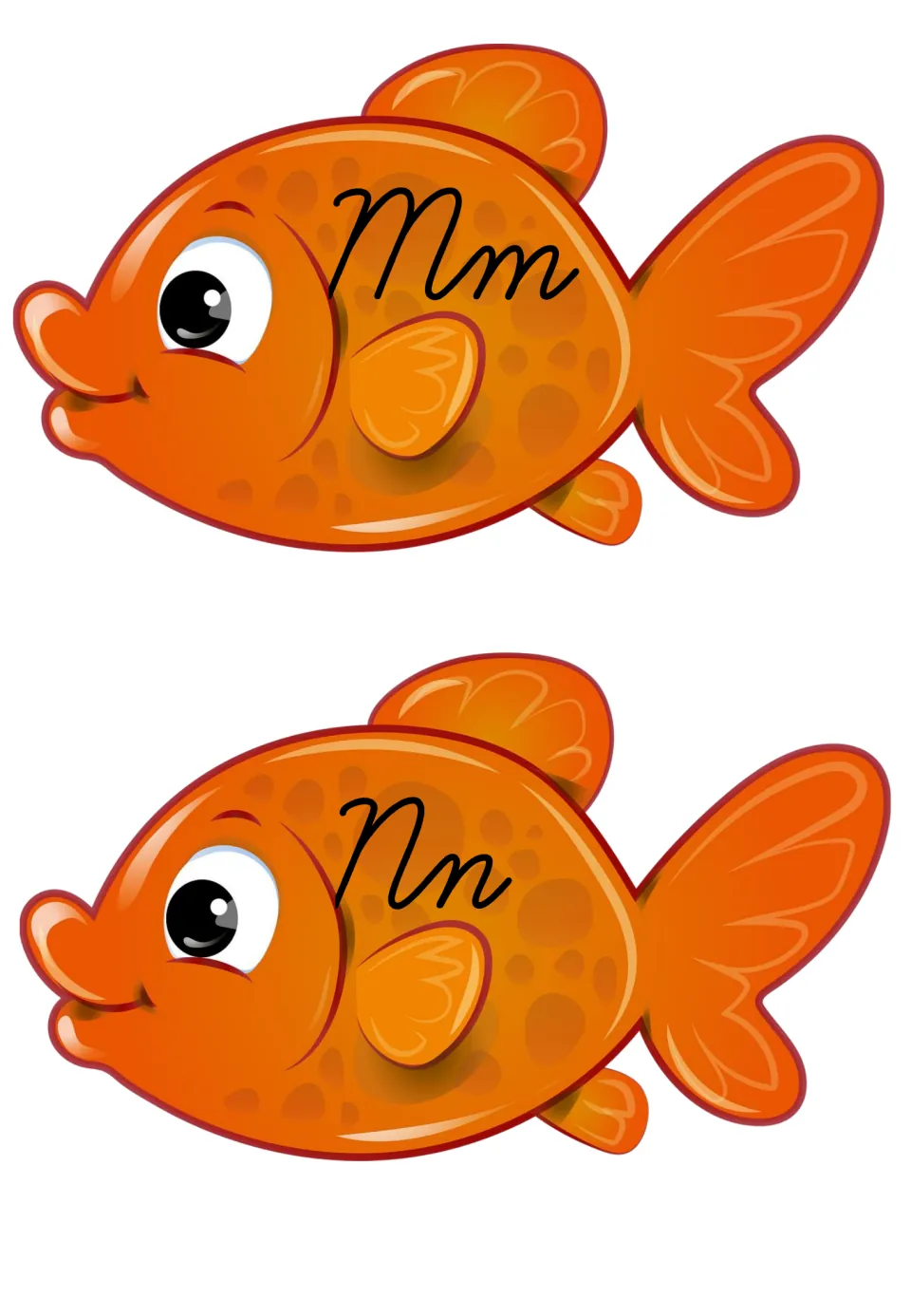Cursive Mm and Nn on orange goldfish cards, showing the humps of each capital and lowercase letter to compare