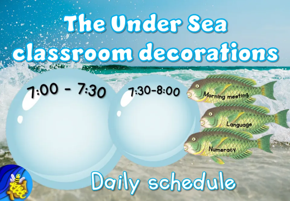 Daily schedule cover showing sample time slots and fish labels for Morning meeting, Language, and Numeracy
