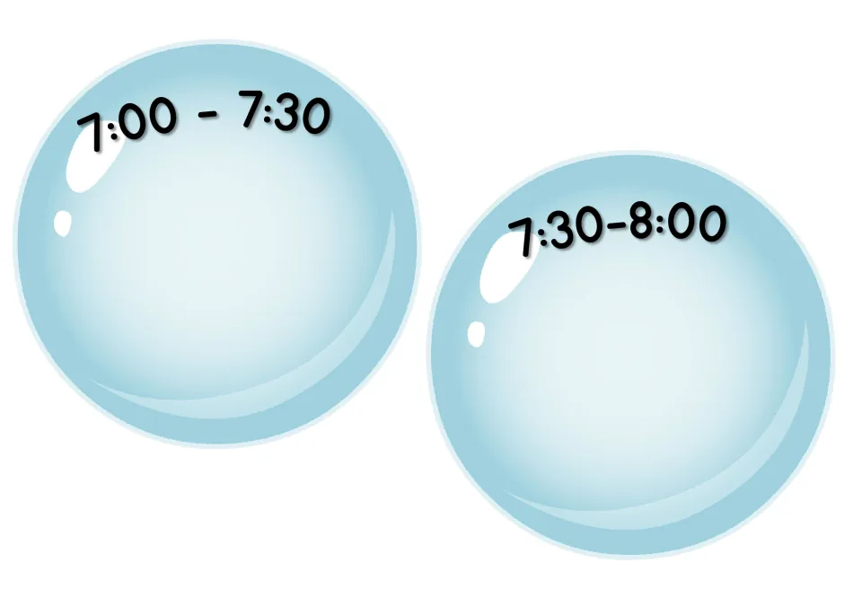 Daily schedule time-slot cards labeled 7:00–7:30 and 7:30–8:00, with blank space to add classroom activities