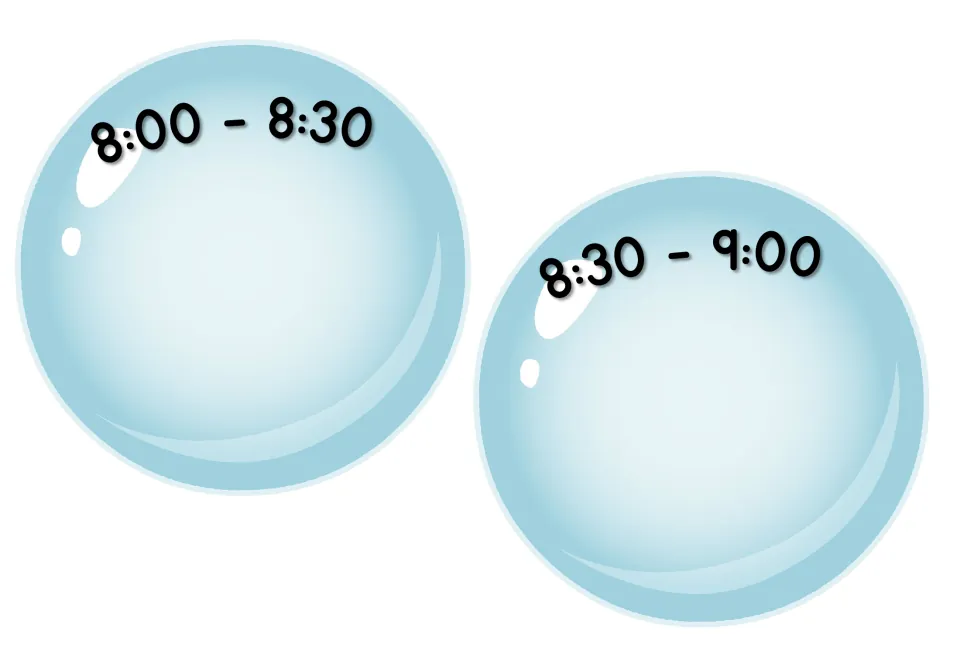 Daily schedule time-slot cards labeled 8:00–8:30 and 8:30–9:00, with blank space to add classroom activities