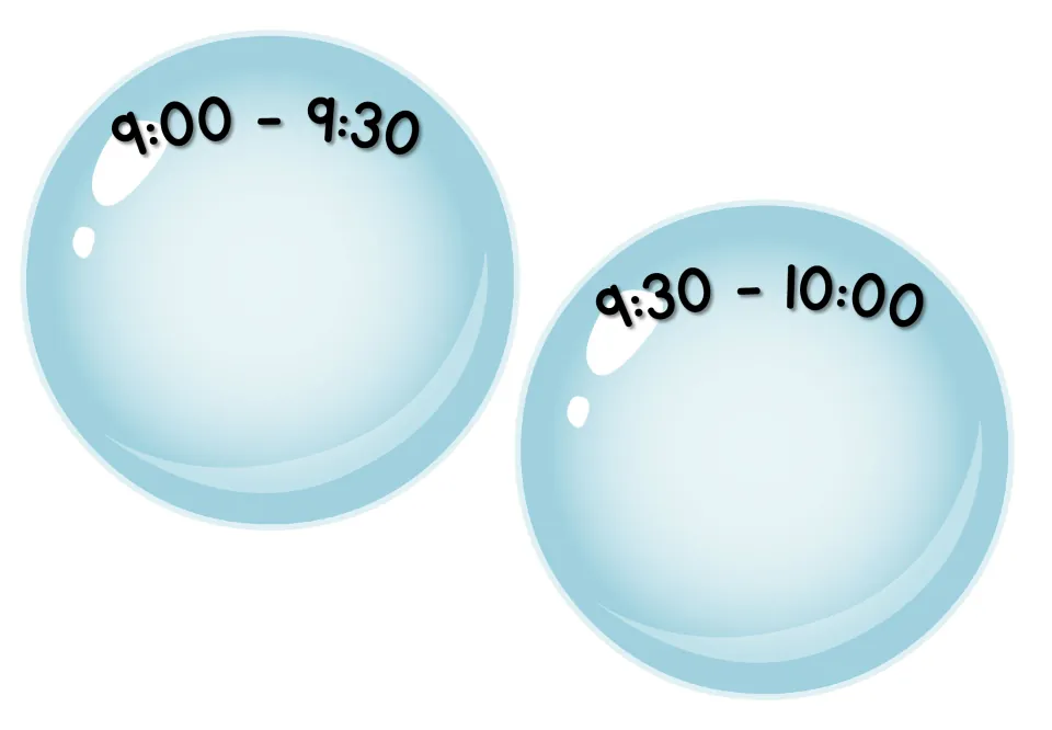 Daily schedule time-slot cards labeled 9:00–9:30 and 9:30–10:00, with blank space to add classroom activities