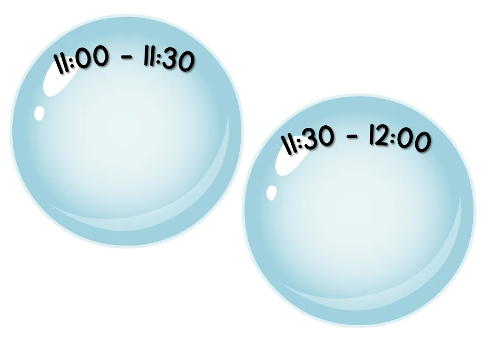 Daily schedule time-slot cards labeled 11:00–11:30 and 11:30–12:00, with space to add classroom activities