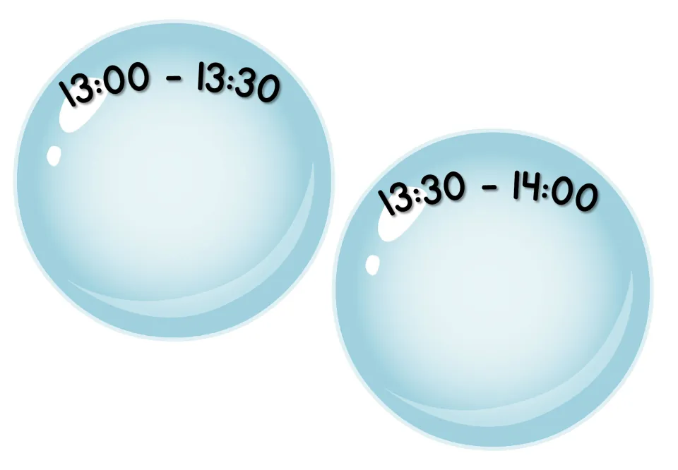 Daily schedule time-slot cards labeled 13:00–13:30 and 13:30–14:00, with space to add classroom activities