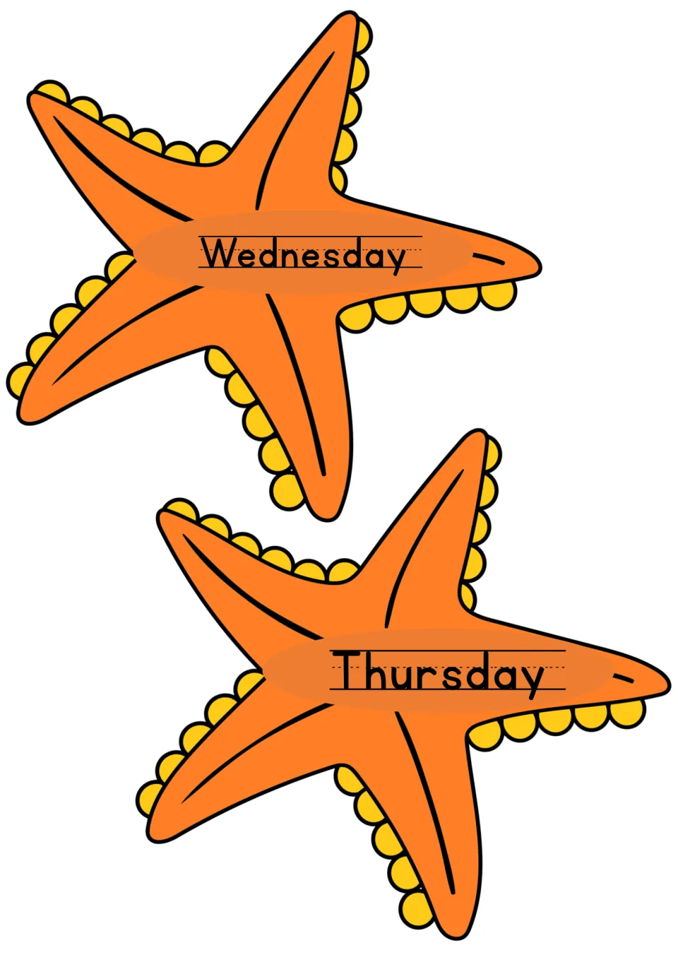 Orange starfish day labels for Wednesday and Thursday with each day name printed on handwriting lines