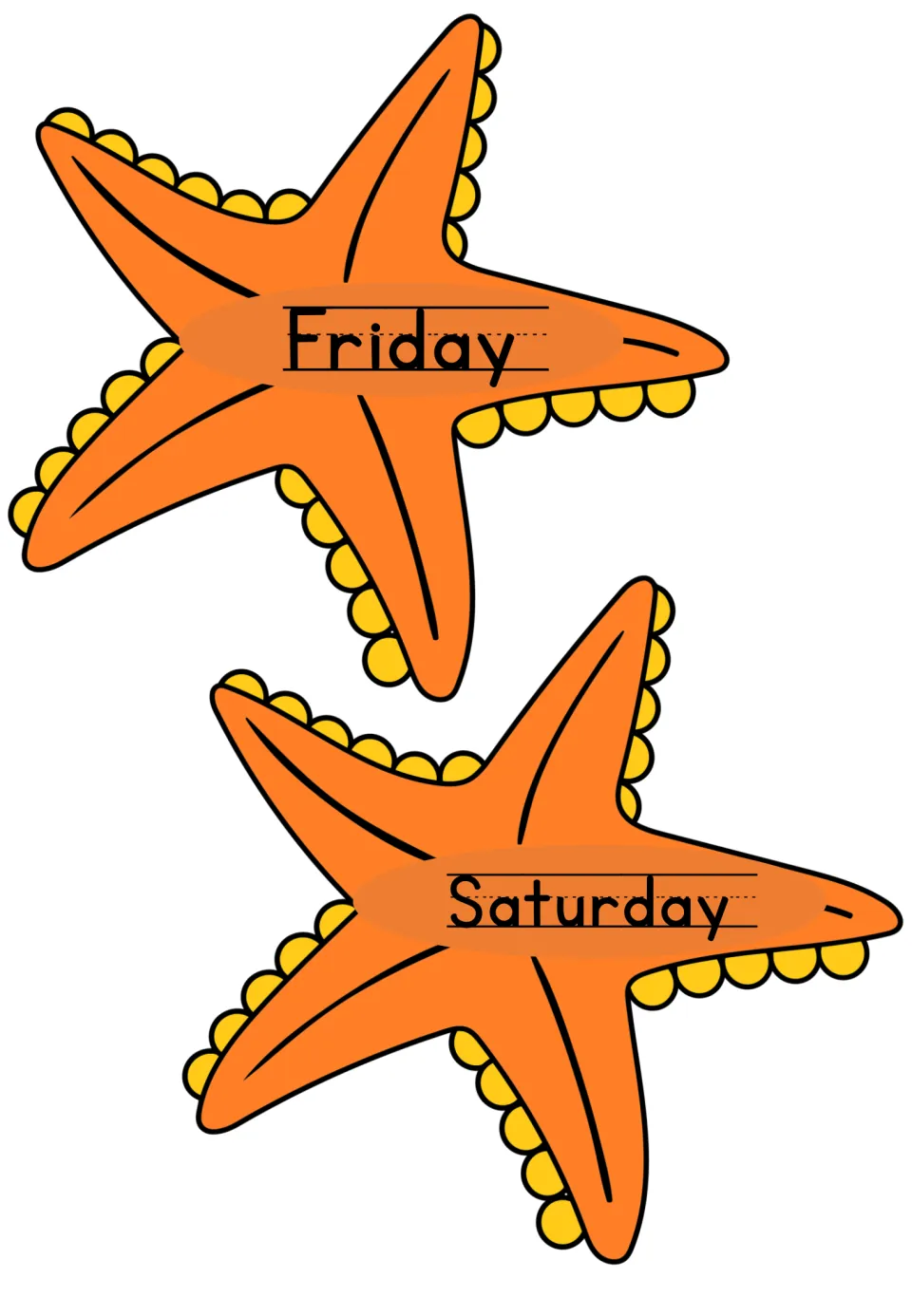 Orange starfish day labels for Friday and Saturday, each day name printed in manuscript on handwriting lines