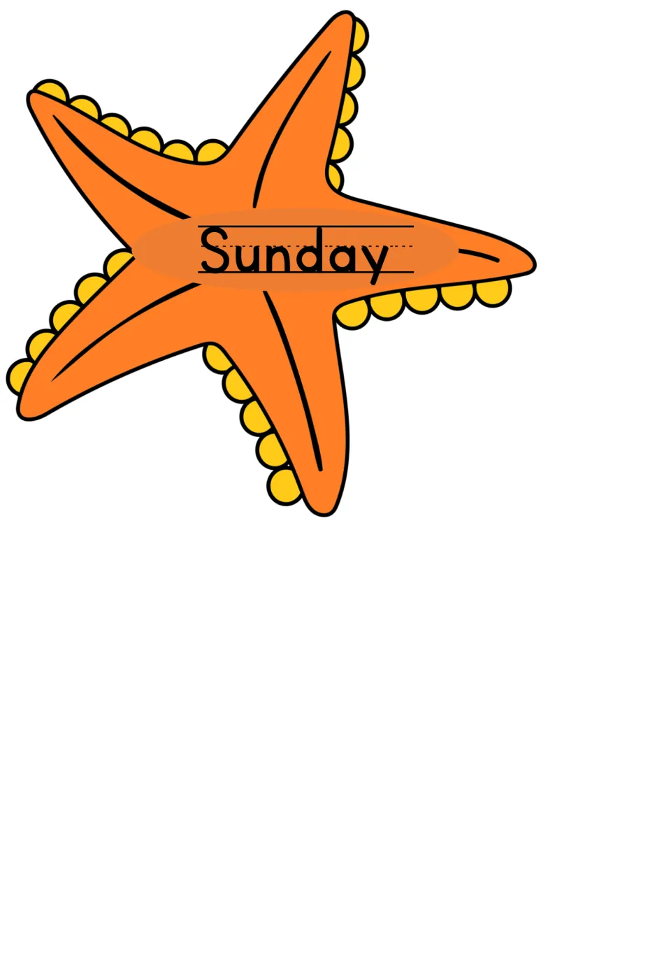 Single orange starfish day label for Sunday, the last card of the starfish set, with the name on handwriting lines