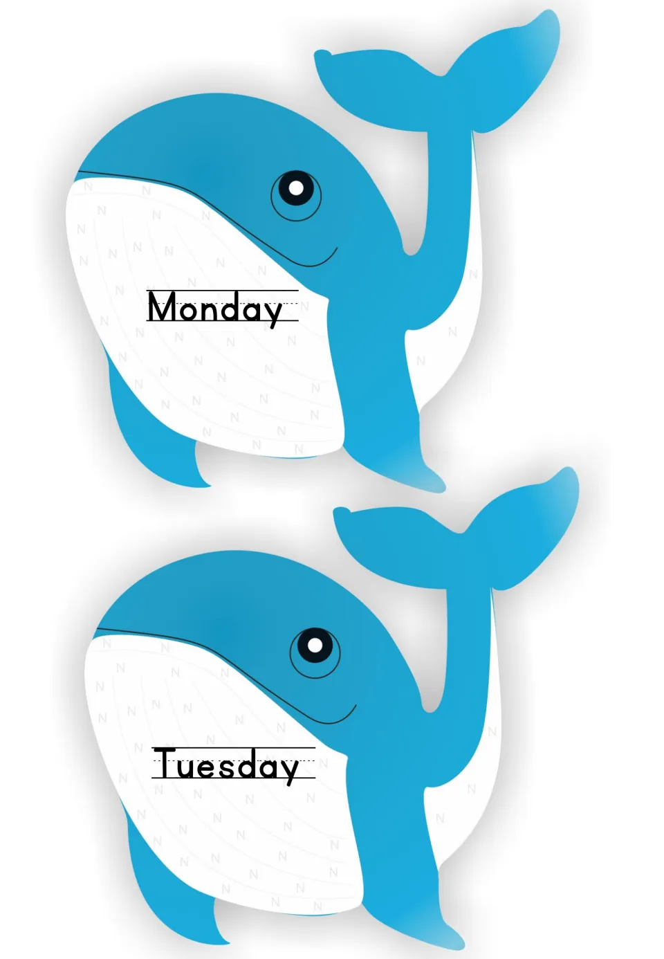 Smiling blue whale day labels for Monday and Tuesday, each day name printed on handwriting lines on the white belly