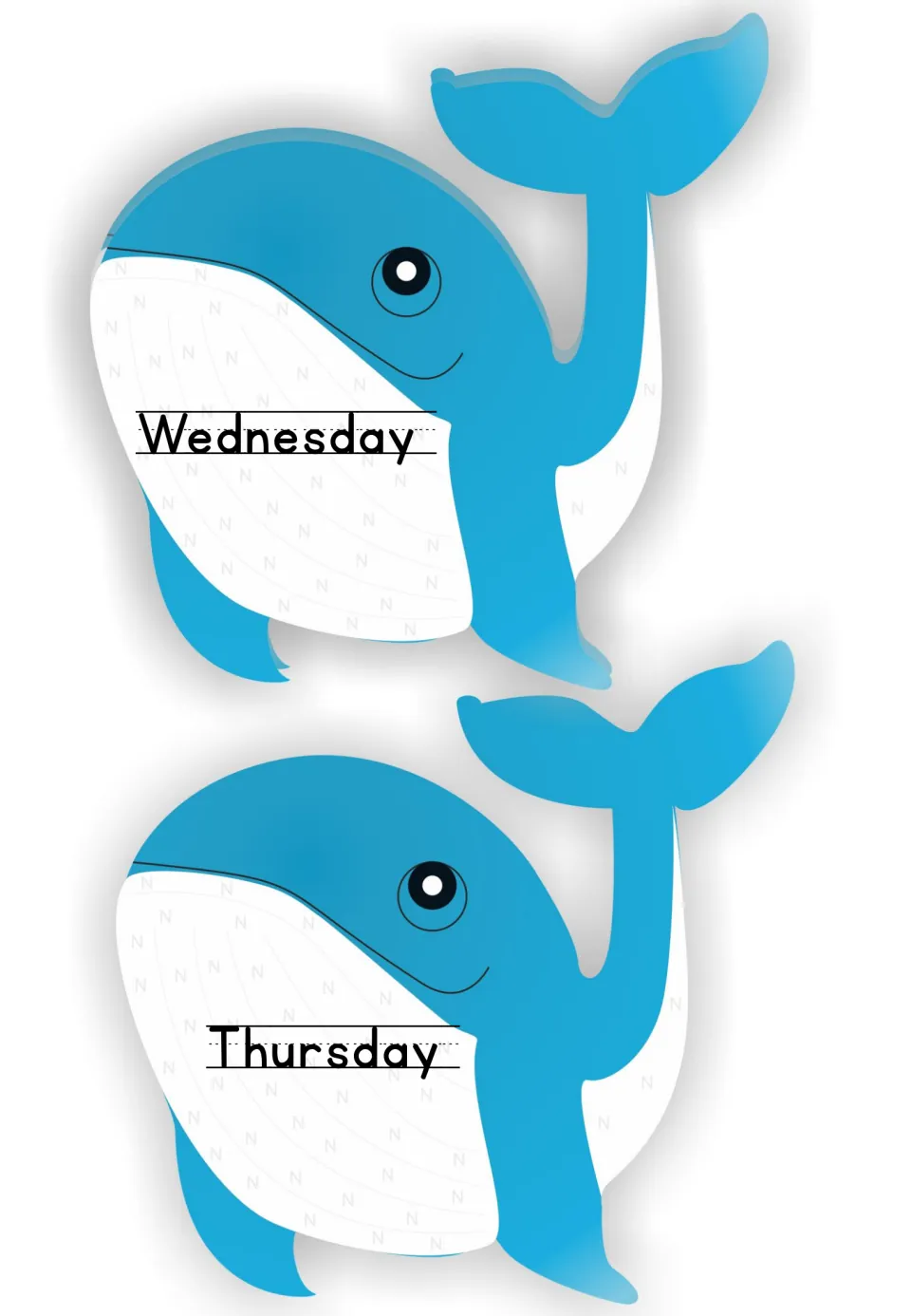 Smiling blue whale day labels for Wednesday and Thursday, with each name printed on handwriting lines on the belly