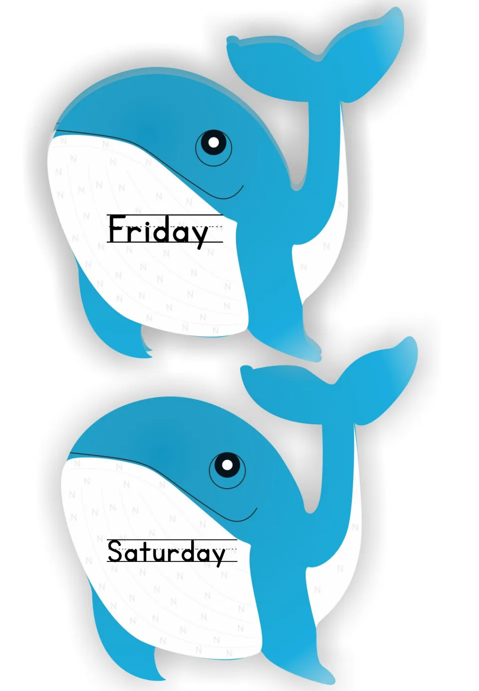 Smiling blue whale day labels for Friday and Saturday, each day name printed on handwriting lines on the white belly